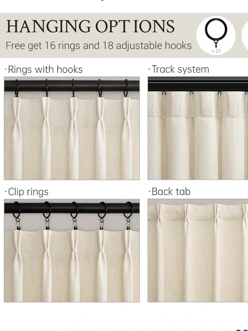 Pinch Pleated Linen Curtains with Hooks & Rings 84” SEMI-SHEER (2-Panels) CREAM